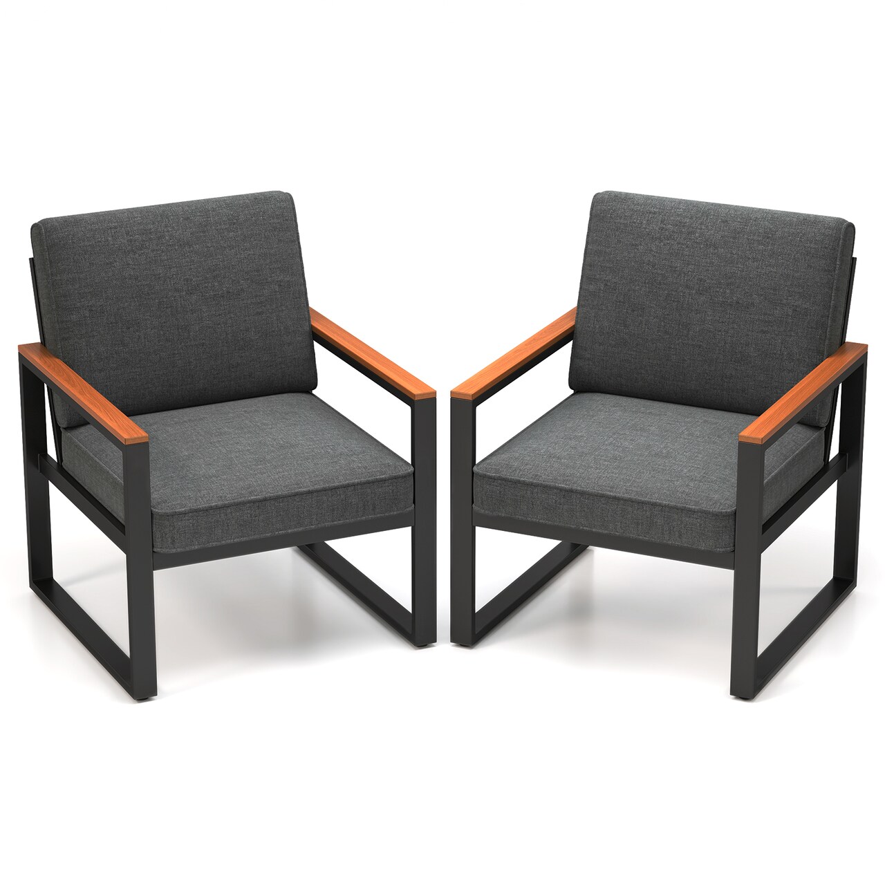 Set of 2 Patio Aluminum Frame Armchairs with Wood-Plastic Armrest and Comfortable Cushion Seat